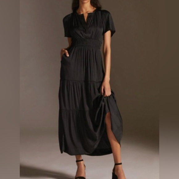 Anthropologie | Black Somerset Flutter Sleeve Tiered Elastic Waist Maxi Dress XS - Picture 1 of 17